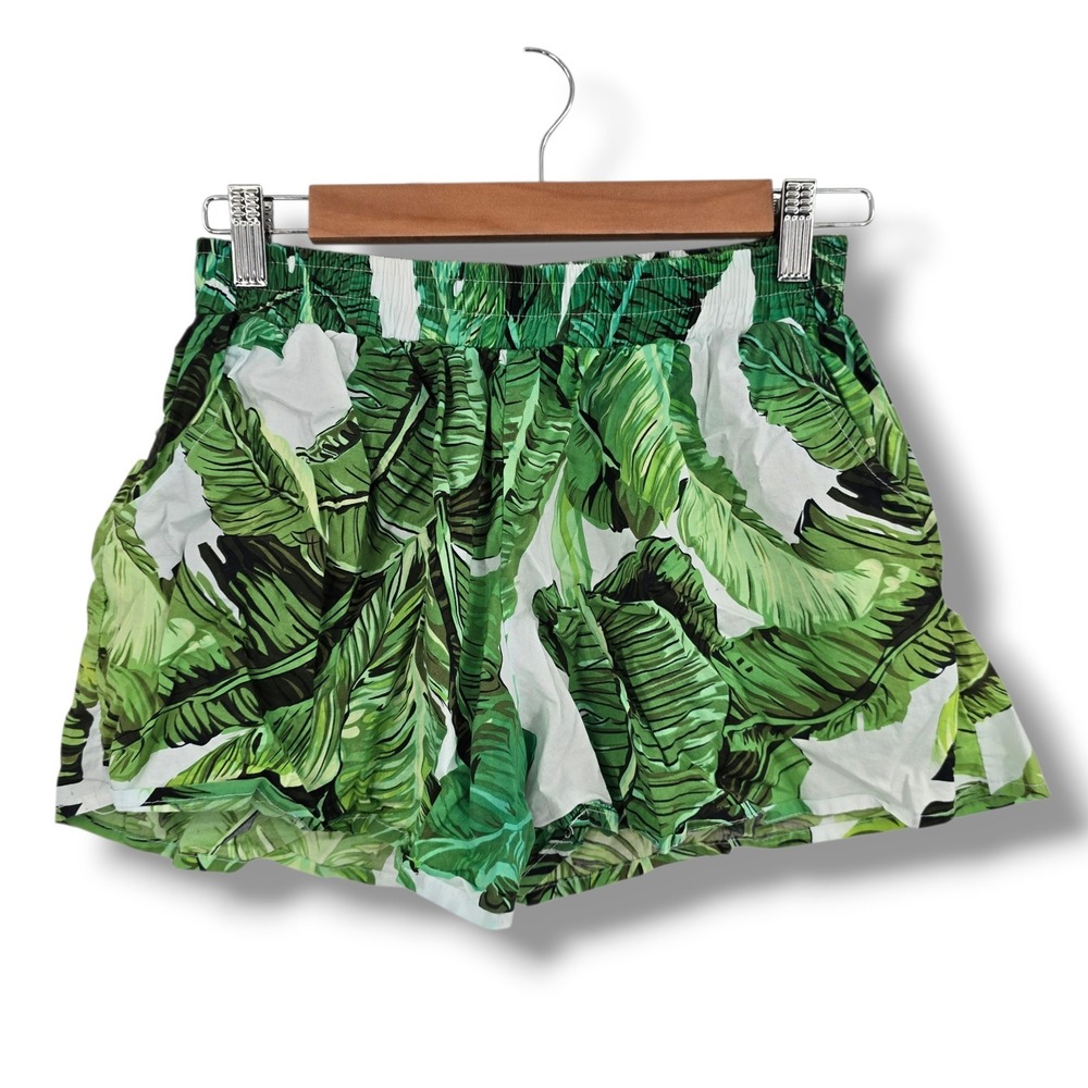 Raya Sun Green White Tropical Banana Leaf Print Cotton Elastic Waist Shorts M